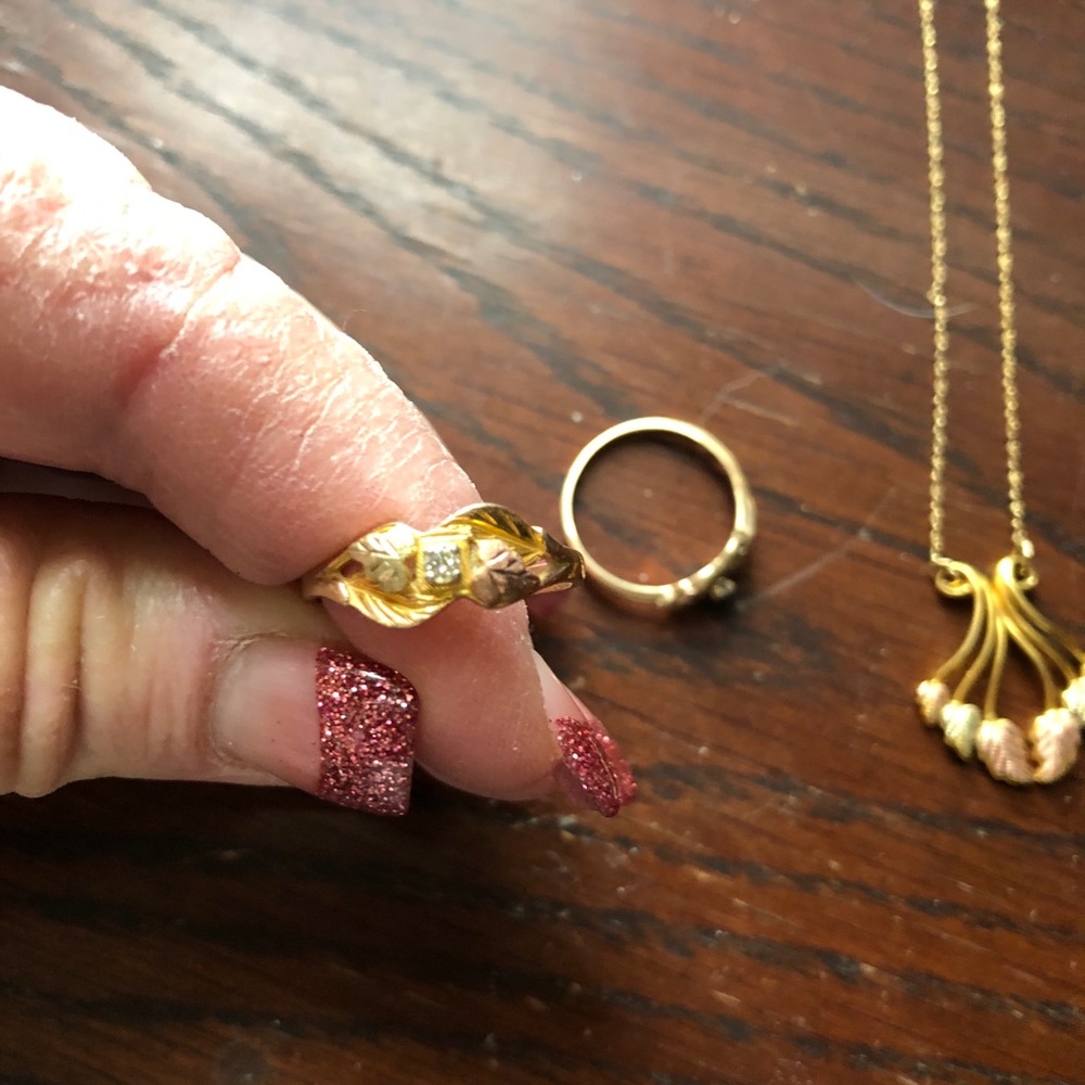 Black hills gold necklace and two rings.